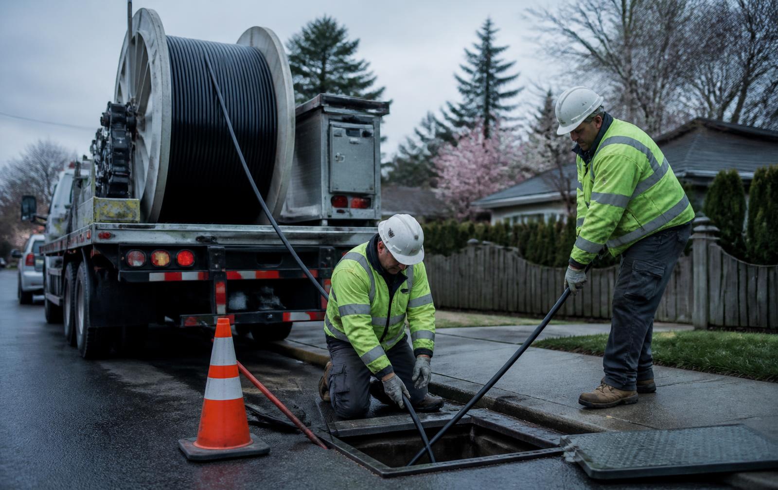 Technicians pulling fiber optic cable into an underground handhole