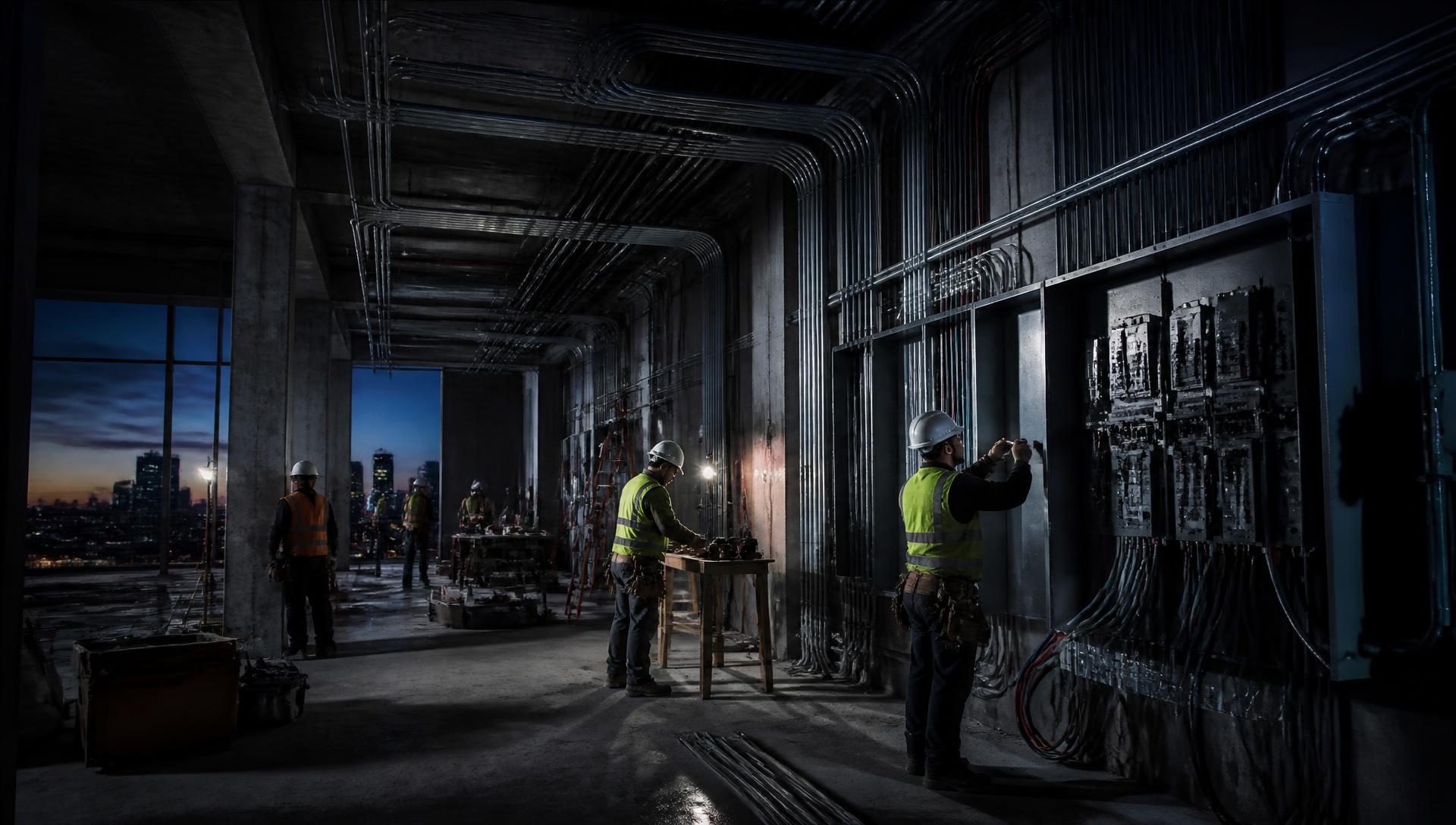 Electricians installing conduit and distribution equipment on a commercial construction project